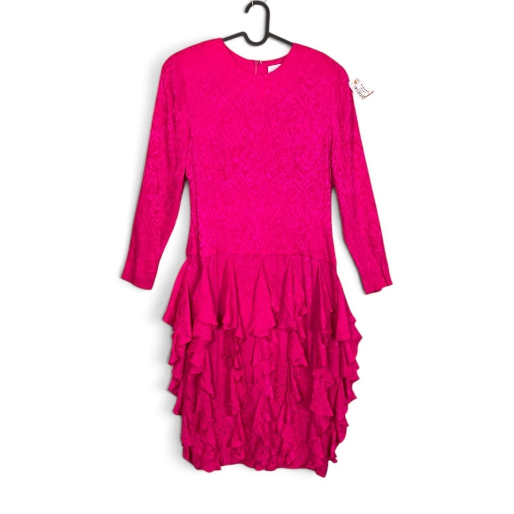 Vintage Adrianna Papell 100% Silk Fuchsia Long Sleeve Tiered Ruffle Midi Dress M - Picture 3 of 10